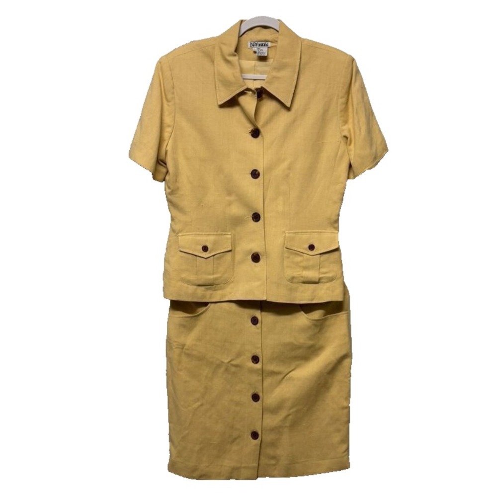Linen Blend Skirt Suit Size10 Butter Yellow Cargo Safari Fisherman Blazer Jacket - Picture 12 of 13